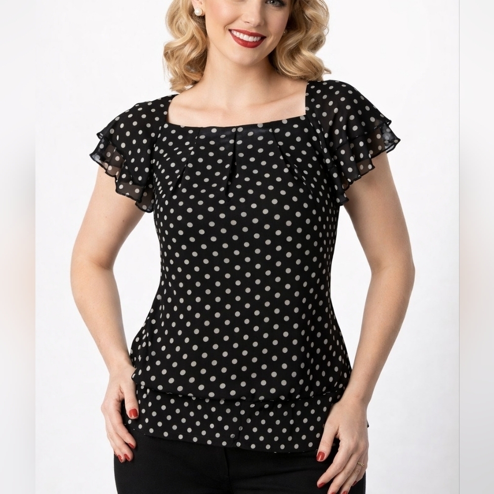 DRESSBARN Retro Polka Dot Chiffon Butterfly Sleeve Blouson Landgirl Blouse